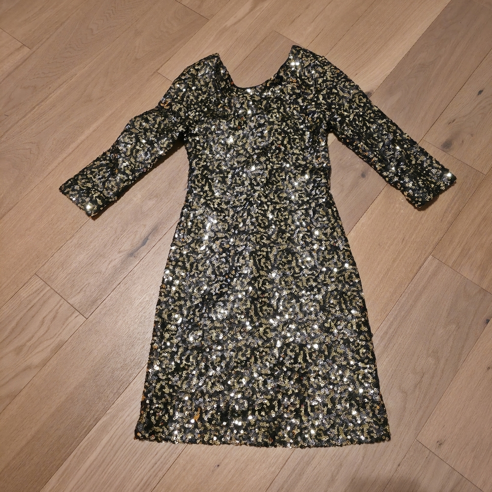MM Couture Black and Gold Sequin Dress